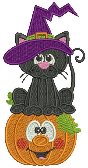 Black Cat Sitting on a Pumpkin Wearing Witch Hat Halloween Filled Machine Embroidery Design Digitized Pattern