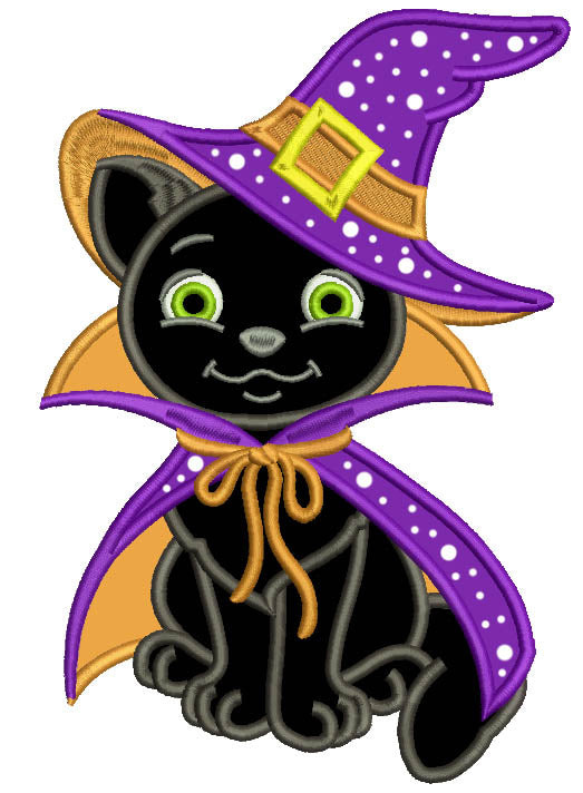 Black Cat Wearing Witch Costume Halloween Applique Machine Embroidery Design Digitized Pattern