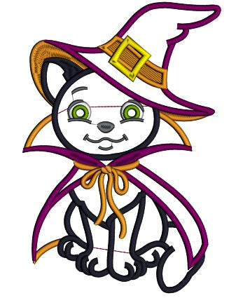 Black Cat Wearing Witch Costume Halloween Applique Machine Embroidery Design Digitized Pattern