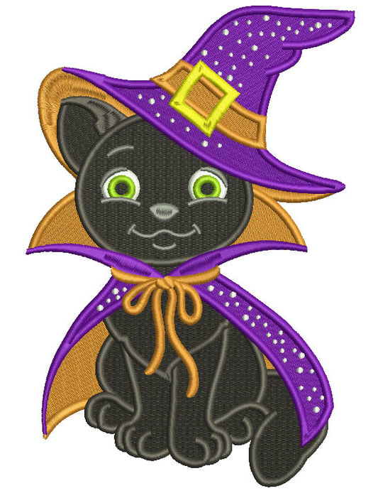 Black Cat Wearing Witch Costume Halloween Filled Machine Embroidery Design Digitized Pattern