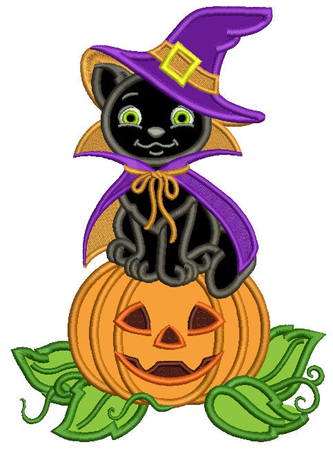 Black Cat Wearing Witch Costume and Sitting on a Pumpkin Halloween Applique Machine Embroidery Design Digitized Pattern