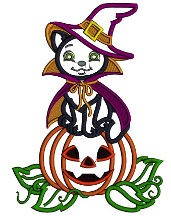 Black Cat Wearing Witch Costume and Sitting on a Pumpkin Halloween Applique Machine Embroidery Design Digitized Pattern