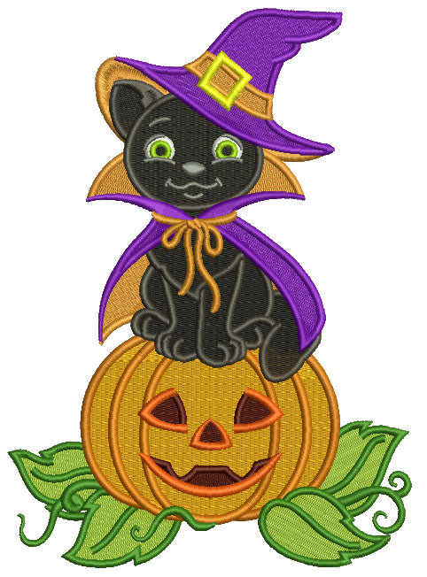 Black Cat Wearing Witch Costume and Sitting on a Pumpkin Halloween Filled Machine Embroidery Design Digitized Pattern