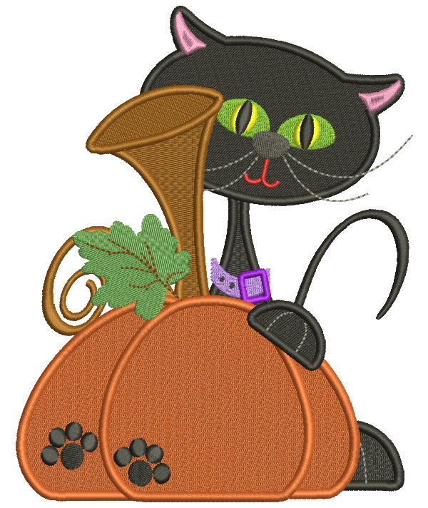 Black Hat Holding a Large Pumpkin Halloween Filled Machine Embroidery Digitized Design Pattern