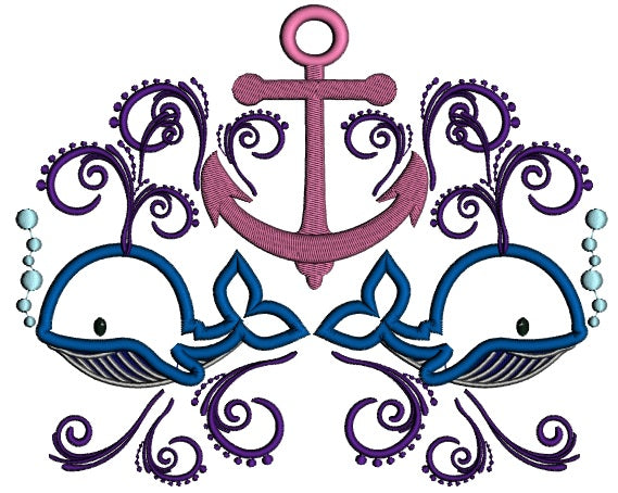 Boat Anchor and Two Whales Marine Applique Machine Embroidery Digitized Design Pattern