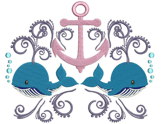 Boat Anchor and Two Whales Marine Filled Machine Embroidery Digitized Design Pattern
