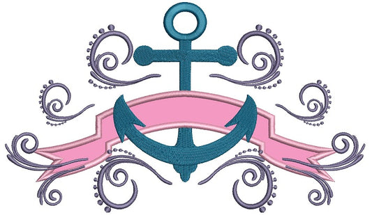 Boat Anchor with a Fancy Banner Applique Machine Embroidery Digitized Design Pattern