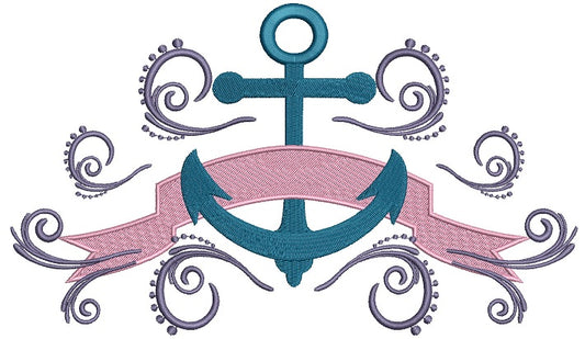 Boat Anchor with a Fancy Banner Filled Machine Embroidery Digitized Design Pattern