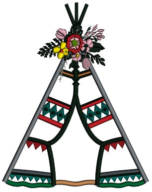 Boho Indian Teepee With Flowers Applique Machine Embroidery Digitized Design Pattern
