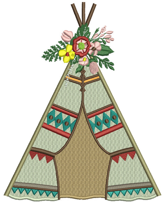 Boho Indian Teepee With Flowers Filled Machine Embroidery Digitized Design Pattern