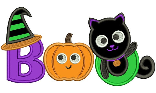 Boo Black Cat And Pumpkin Halloween Applique Machine Embroidery Design Digitized Pattern