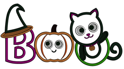 Boo Black Cat And Pumpkin Halloween Applique Machine Embroidery Design Digitized Pattern