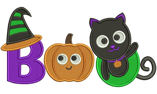 Boo Black Cat And Pumpkin Halloween Filled Machine Embroidery Design Digitized Pattern