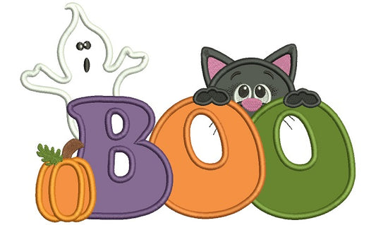 Boo Ghost And Cute Cat Halloween Applique Machine Embroidery Design Digitized Pattern