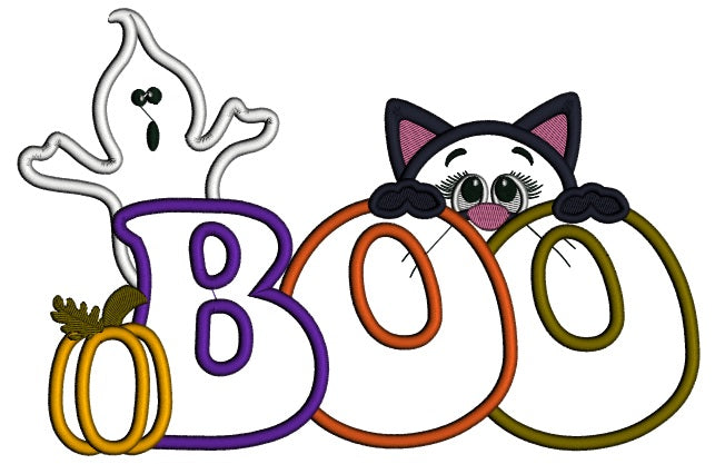 Boo Ghost And Cute Cat Halloween Applique Machine Embroidery Design Digitized Pattern