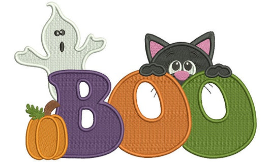 Boo Ghost And Cute Cat Halloween Filled Machine Embroidery Design Digitized Pattern