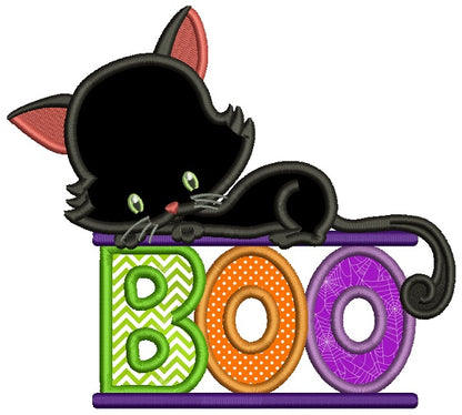 Boo Little Cute Black Cat Applique Halloween Machine Embroidery Design Digitized Pattern