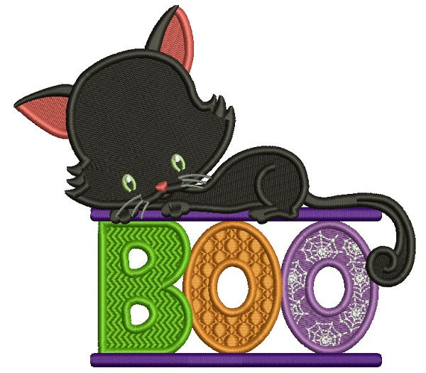 Boo Little Cute Black Cat Filled Halloween Machine Embroidery Design Digitized Pattern