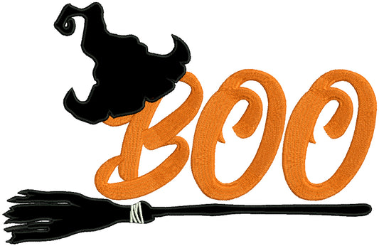 Boo Witch Hat On The Broom Halloween Applique Machine Embroidery Design Digitized Pattern