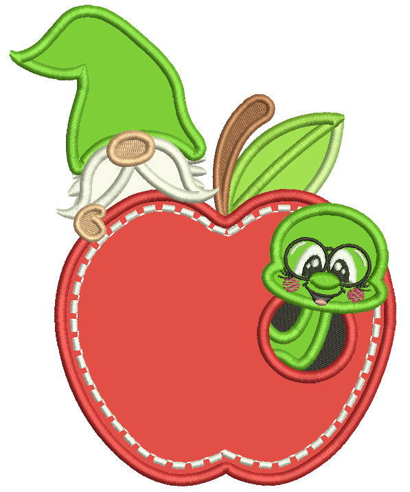 Book Worm Inside The Apple With a Gnome Applique Machine Embroidery Design Digitized Pattern