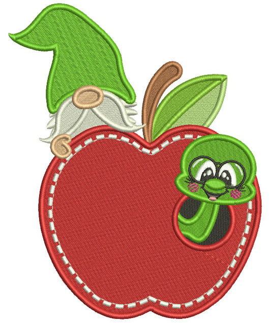 Book Worm Inside The Apple With a Gnome Filled Machine Embroidery Design Digitized Pattern