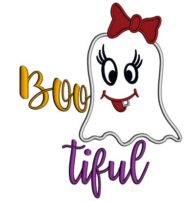 Bootiful Cute Girl Ghost Halloween Applique Machine Embroidery Design Digitized Pattern