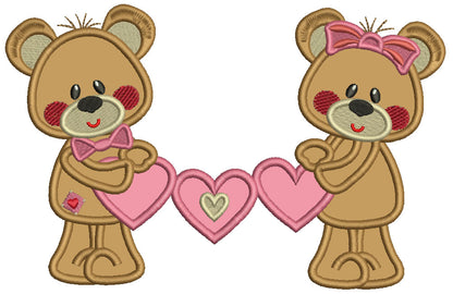 Boy And Girl Bears Holding Hearts Valentine's Day Applique Machine Embroidery Design Digitized Pattern