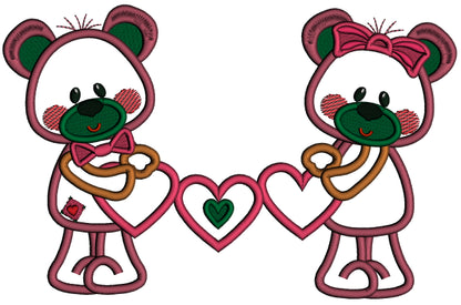 Boy And Girl Bears Holding Hearts Valentine's Day Applique Machine Embroidery Design Digitized Pattern