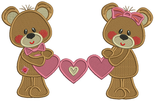 Boy And Girl Bears Holding Hearts Valentine's Day Filled Machine Embroidery Design Digitized Pattern