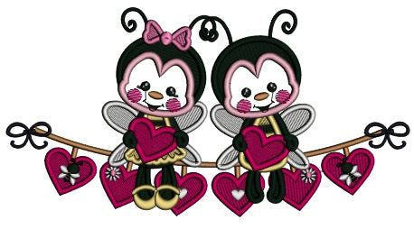 Boy And Girl Bees Holding Hearts Valentine's Day Applique Machine Embroidery Design Digitized Pattern