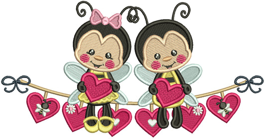 Boy And Girl Bees Holding Hearts Valentine's Day Filled Machine Embroidery Design Digitized Pattern
