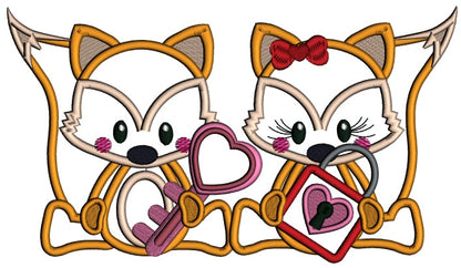 Boy And Girl Fox Holding a Lock and a Key Applique Machine Embroidery Design Digitized Pattern