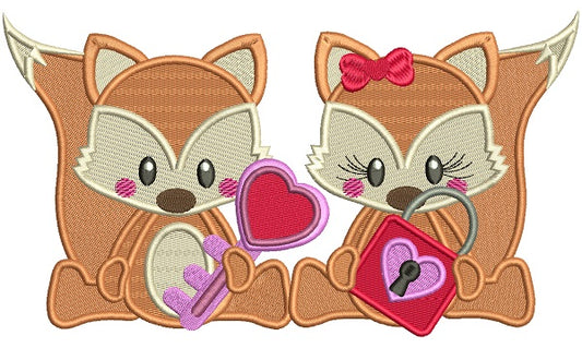Boy And Girl Fox Holding a Lock and a Key Filled Machine Embroidery Design Digitized Pattern