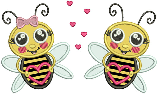 Boy And a Girl Bee Holding Hearts Valentine's Day Applique Machine Embroidery Design Digitized Pattern