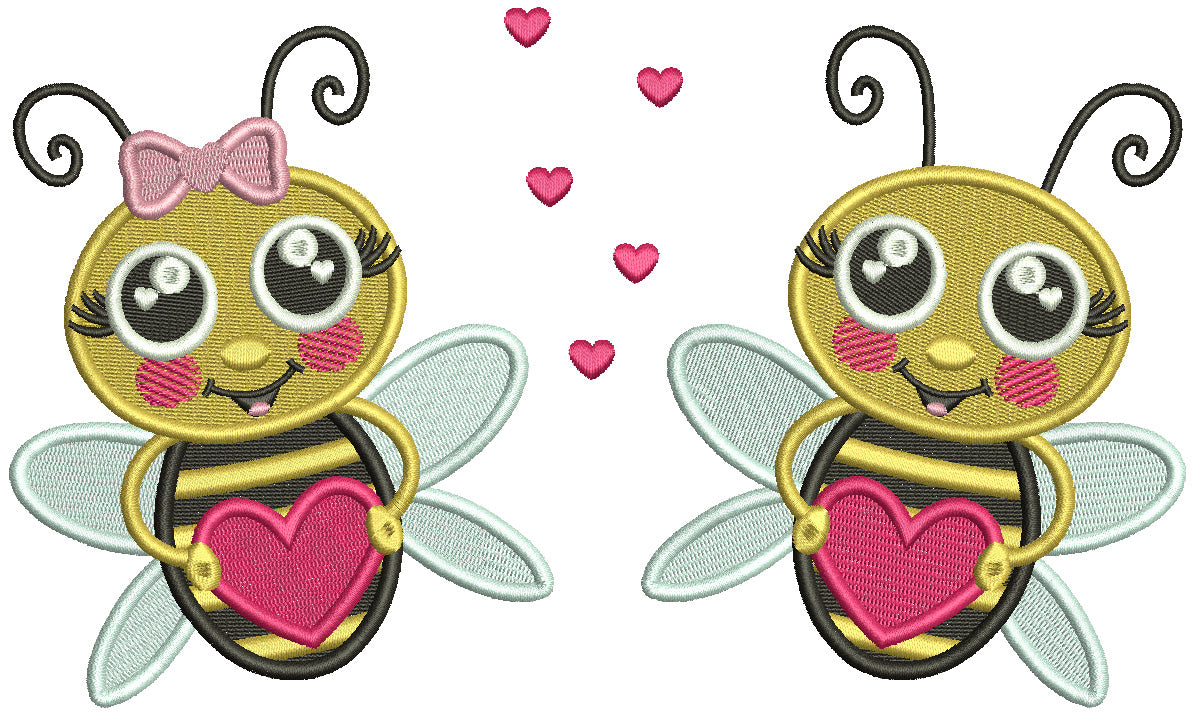 Boy And a Girl Bee Holding Hearts Valentine's Day Filled Machine Embroidery Design Digitized Pattern