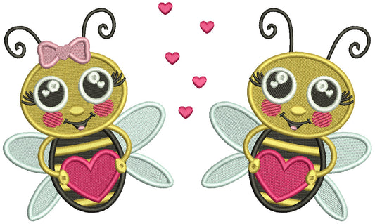 Boy And a Girl Bee Holding Hearts Valentine's Day Filled Machine Embroidery Design Digitized Pattern