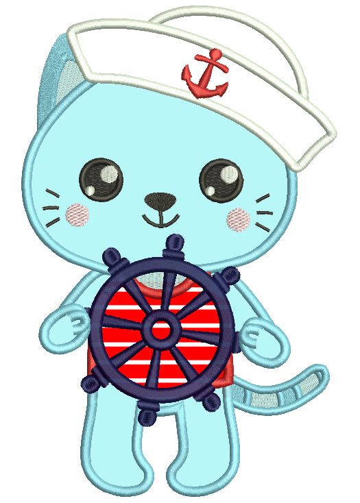 Boy Cat Sailor At The Helm Marine Applique Machine Embroidery Design Digitized Pattern