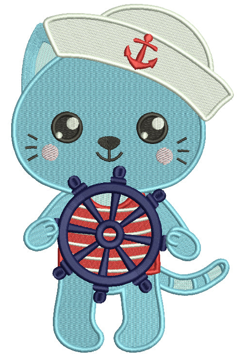 Boy Cat Sailor At The Helm Marine Filled Machine Embroidery Design Digitized Pattern