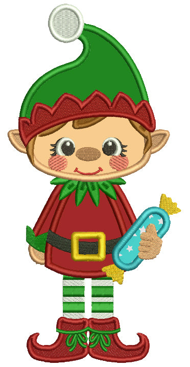 Boy Elf Wearing Santa Hat Holding Candy Applique Christmas Machine Embroidery Design Digitized Pattern