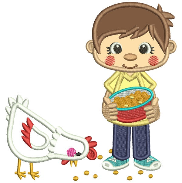 Boy Feeding Chickens Applique Machine Embroidery Digitized Design Pattern