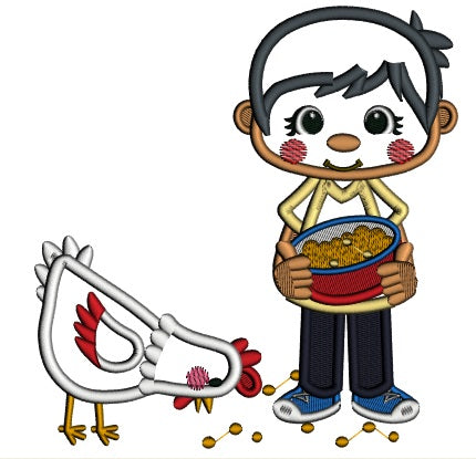 Boy Feeding Chickens Applique Machine Embroidery Digitized Design Pattern