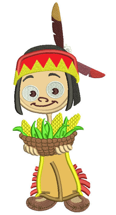 Boy Indian Holding Corn Thanksgiving Applique Machine Embroidery Design Digitized Pattern