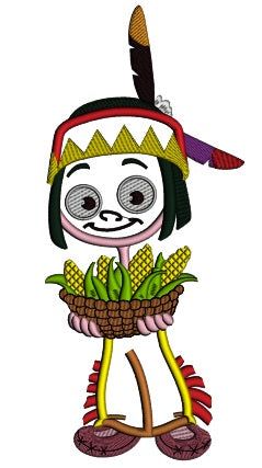 Boy Indian Holding Corn Thanksgiving Applique Machine Embroidery Design Digitized Pattern
