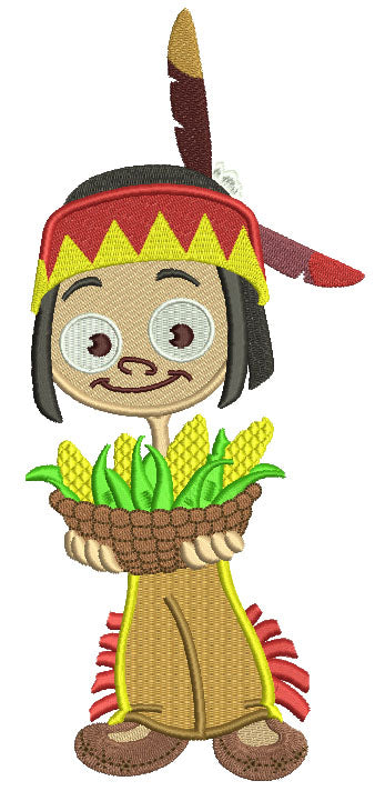 Boy Indian Holding Corn Thanksgiving Filled Machine Embroidery Design Digitized Pattern