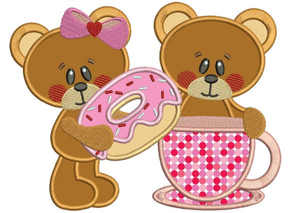 Boy and Girl Bear with a Doughnut Applique Machine Embroidery Digitized Design Pattern