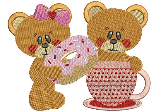 Boy and Girl Bear with a Doughnut Filled Machine Embroidery Digitized Design Pattern