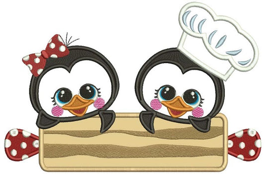 Boy and a Girl Penguins Cooks Applique Machine Embroidery Design Digitized Pattern