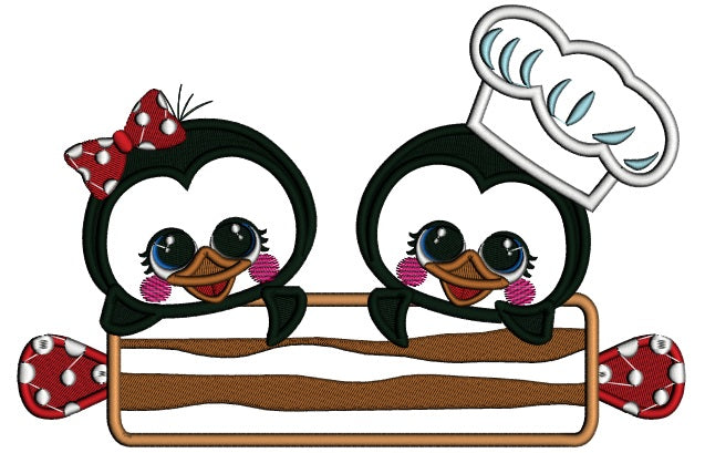 Boy and a Girl Penguins Cooks Applique Machine Embroidery Design Digitized Pattern