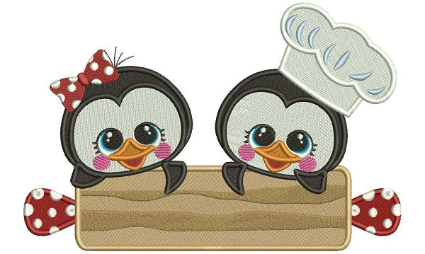 Boy and a Girl Penguins Cooks Filled Machine Embroidery Design Digitized Pattern