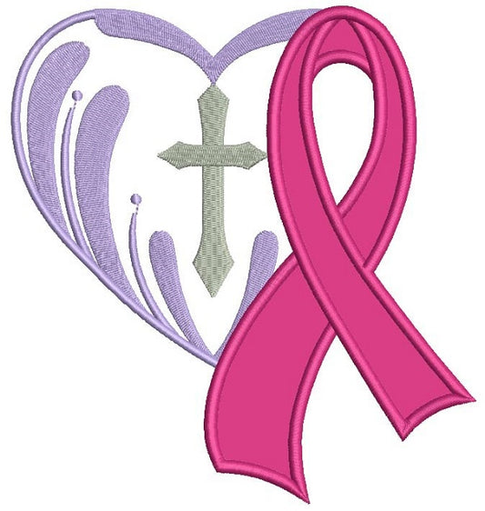 Breast Cancer Awareness Ribbon With A Cross Inside a Heart Applique Machine Embroidery Design Digitized Pattern